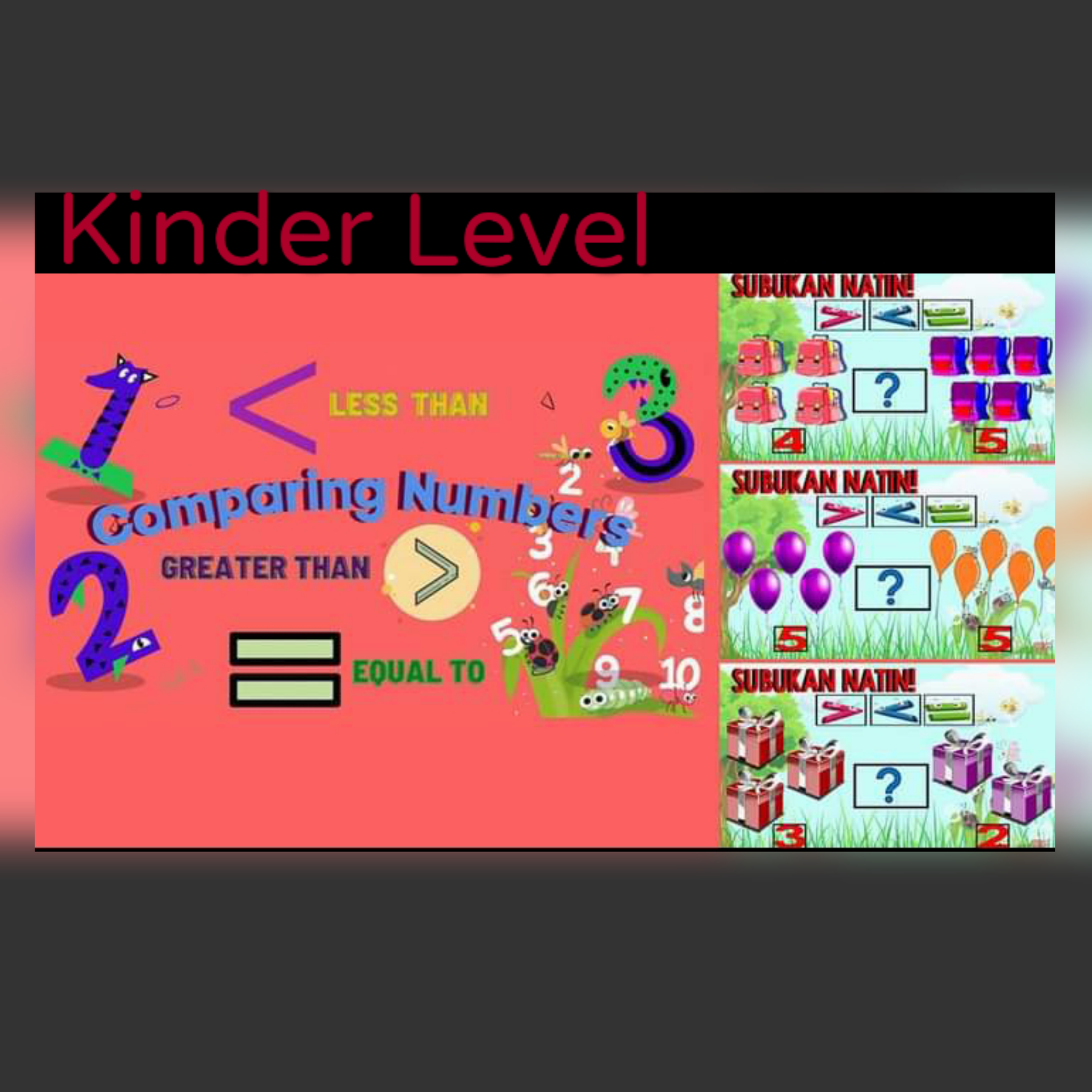 Lesson about comparing numbers for kindergarten level means to examine the difference between numbers, quantities or values.
